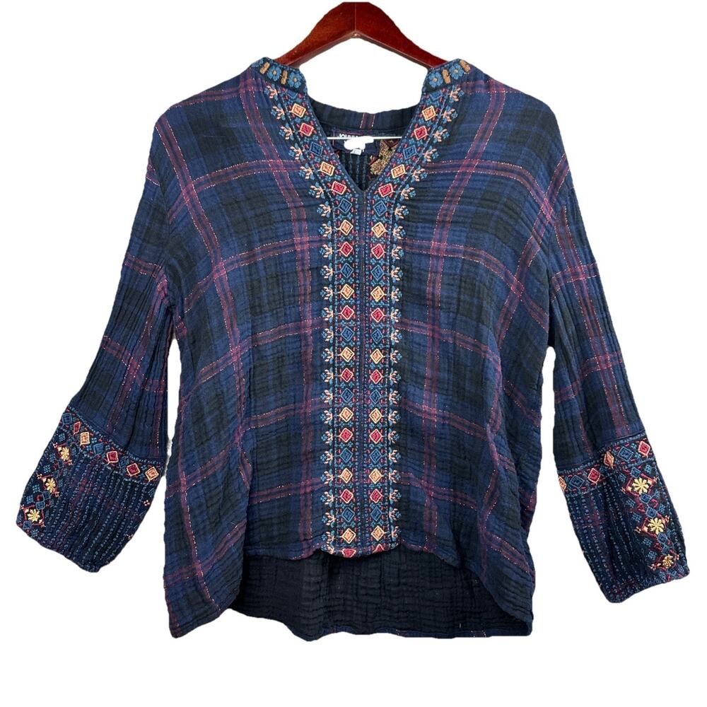 Johnny Was Workshop Plaid Southwest Embroidered Tunic M Gauze Boho Sparkle